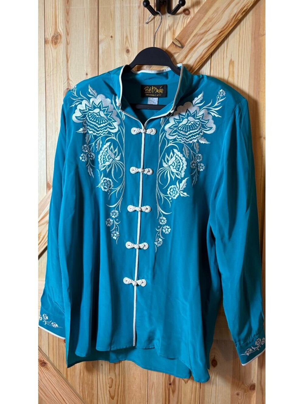 Bob Mackie Wearable Art Teal Silk Embroidered Blouse